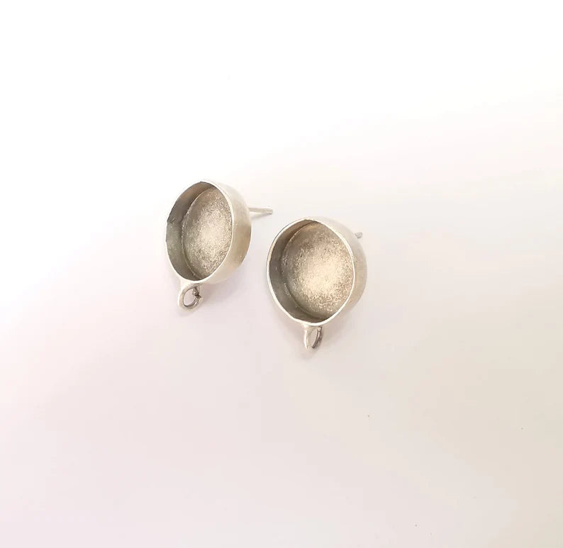 Earring Stud Base Blank with Loop, Earring Post, Ear Setting Resin Bezel, Cabochon Mounting, Antique Silver Plated Brass (14mm blank) G35973
