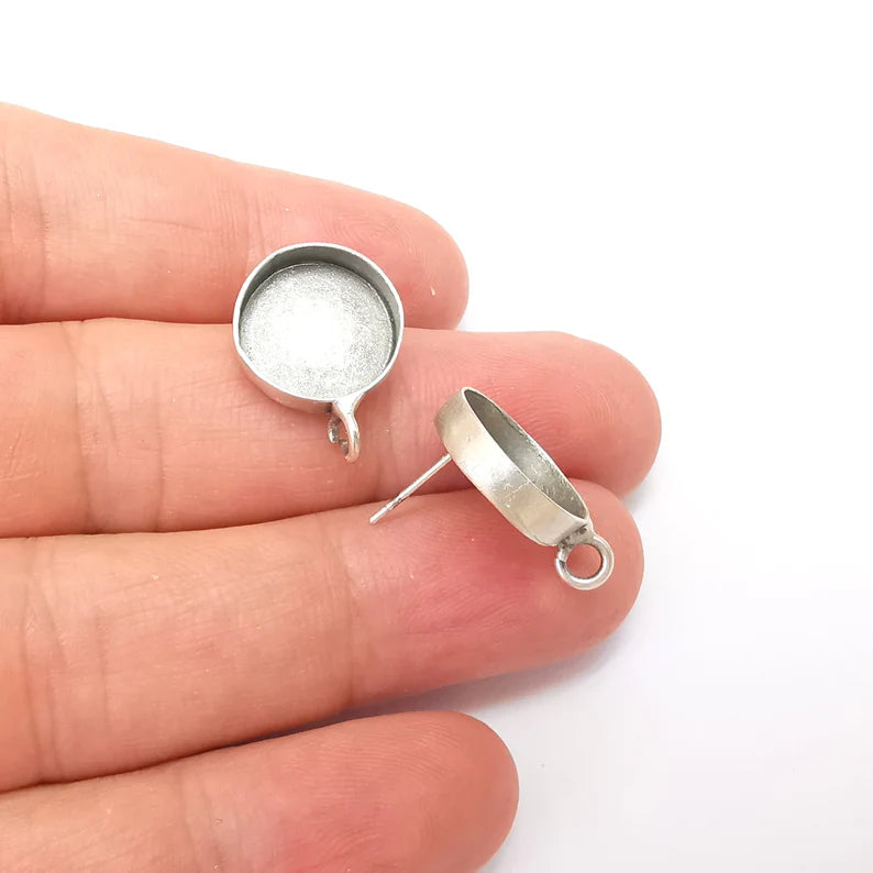 Earring Stud Base Blank with Loop, Earring Post, Ear Setting Resin Bezel, Cabochon Mounting, Antique Silver Plated Brass (14mm blank) G35973