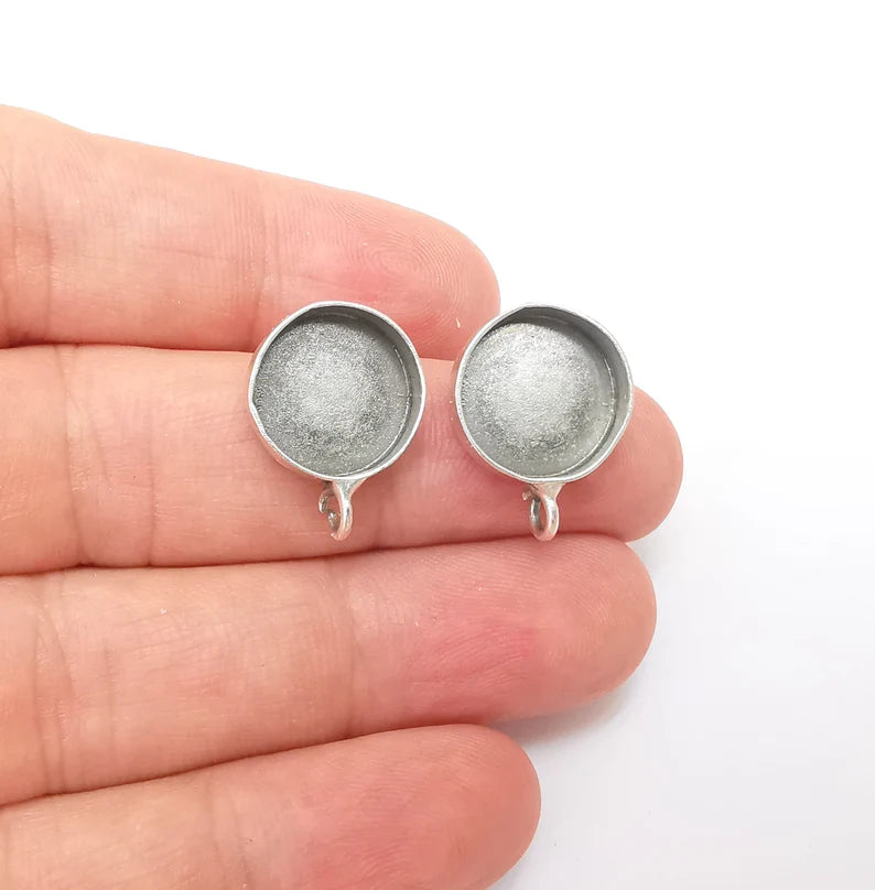 Earring Stud Base Blank with Loop, Earring Post, Ear Setting Resin Bezel, Cabochon Mounting, Antique Silver Plated Brass (14mm blank) G35973