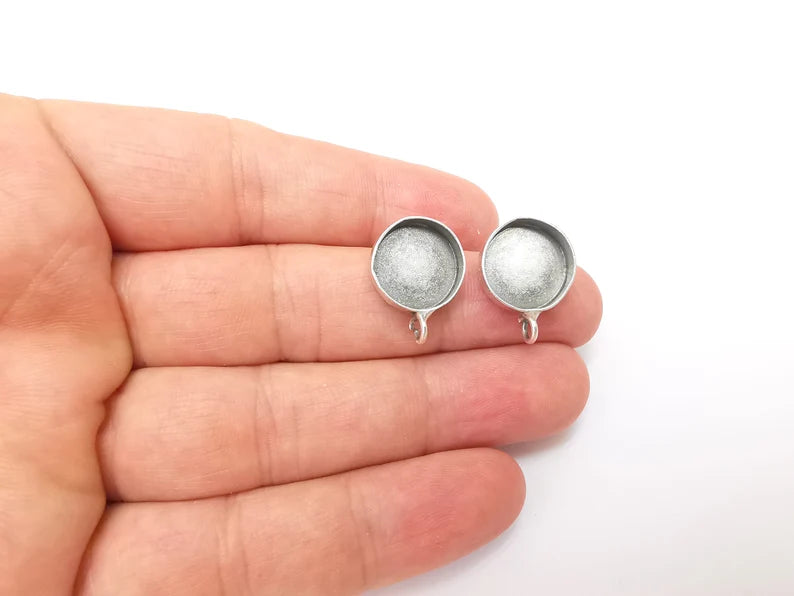 Earring Stud Base Blank with Loop, Earring Post, Ear Setting Resin Bezel, Cabochon Mounting, Antique Silver Plated Brass (14mm blank) G35973