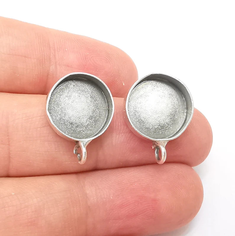 Earring Stud Base Blank with Loop, Earring Post, Ear Setting Resin Bezel, Cabochon Mounting, Antique Silver Plated Brass (14mm blank) G35973
