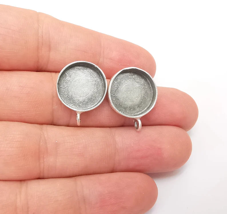 Earring Stud Base Blank with Loop, Earring Post, Ear Setting Resin Bezel, Cabochon Mounting, Antique Silver Plated Brass (16mm blank) G35976