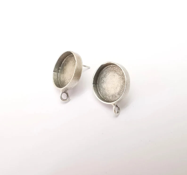 Earring Stud Base Blank with Loop, Earring Post, Ear Setting Resin Bezel, Cabochon Mounting, Antique Silver Plated Brass (16mm blank) G35976