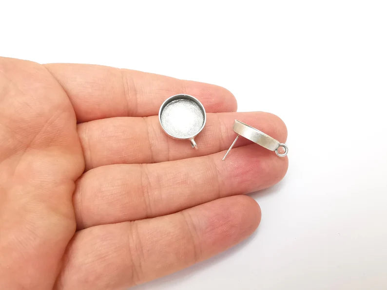 Earring Stud Base Blank with Loop, Earring Post, Ear Setting Resin Bezel, Cabochon Mounting, Antique Silver Plated Brass (16mm blank) G35976