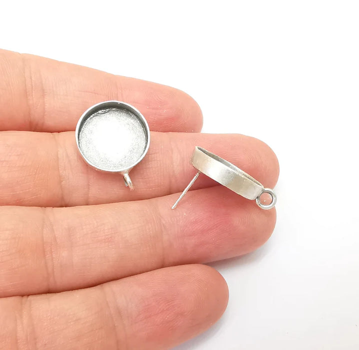 Earring Stud Base Blank with Loop, Earring Post, Ear Setting Resin Bezel, Cabochon Mounting, Antique Silver Plated Brass (16mm blank) G35976
