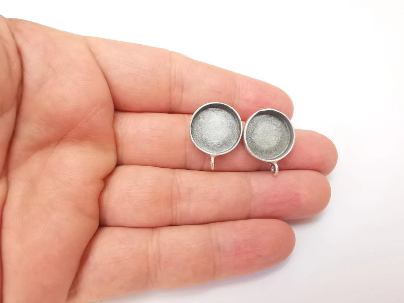 Earring Stud Base Blank with Loop, Earring Post, Ear Setting Resin Bezel, Cabochon Mounting, Antique Silver Plated Brass (16mm blank) G35976
