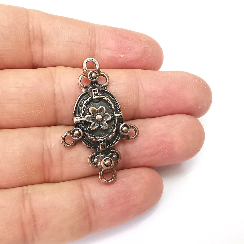 Copper Flower Charms Connector, Jewelry Parts, Copper Bracelet Component, Copper Finding, Antique Copper Plated Metal (41x25mm) G35800