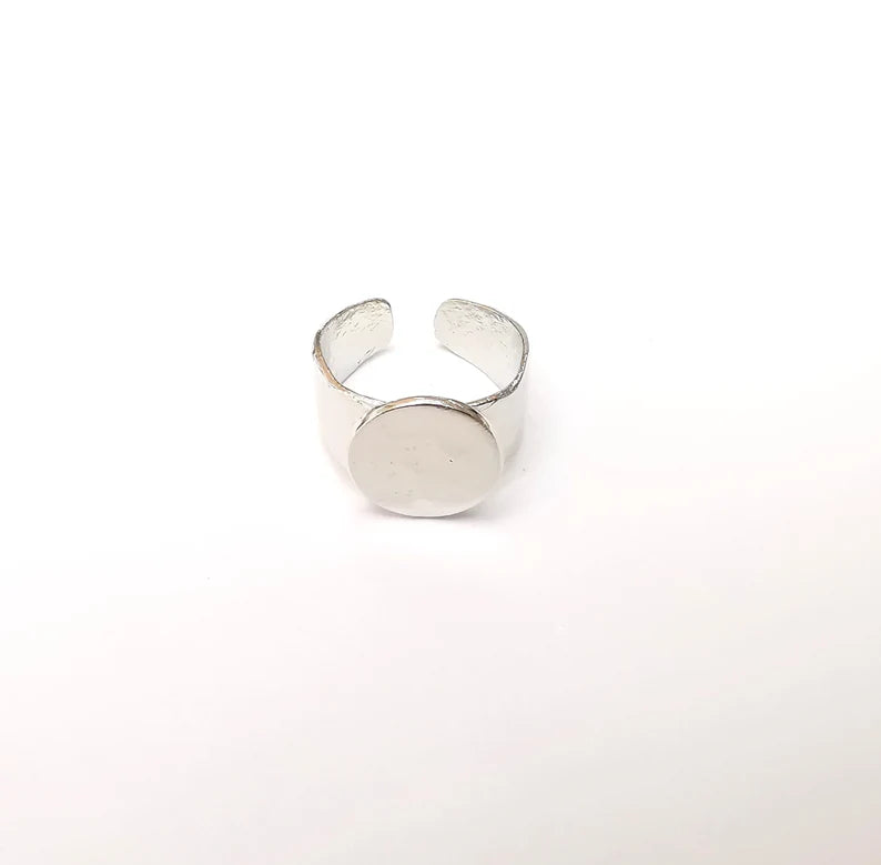 Shiny Silver Round Ring Setting, Cabochon Blank, Resin Bezel, Ring Mounting, Ring Base, Adjustable Rhodium Plated Brass 14mm G35809