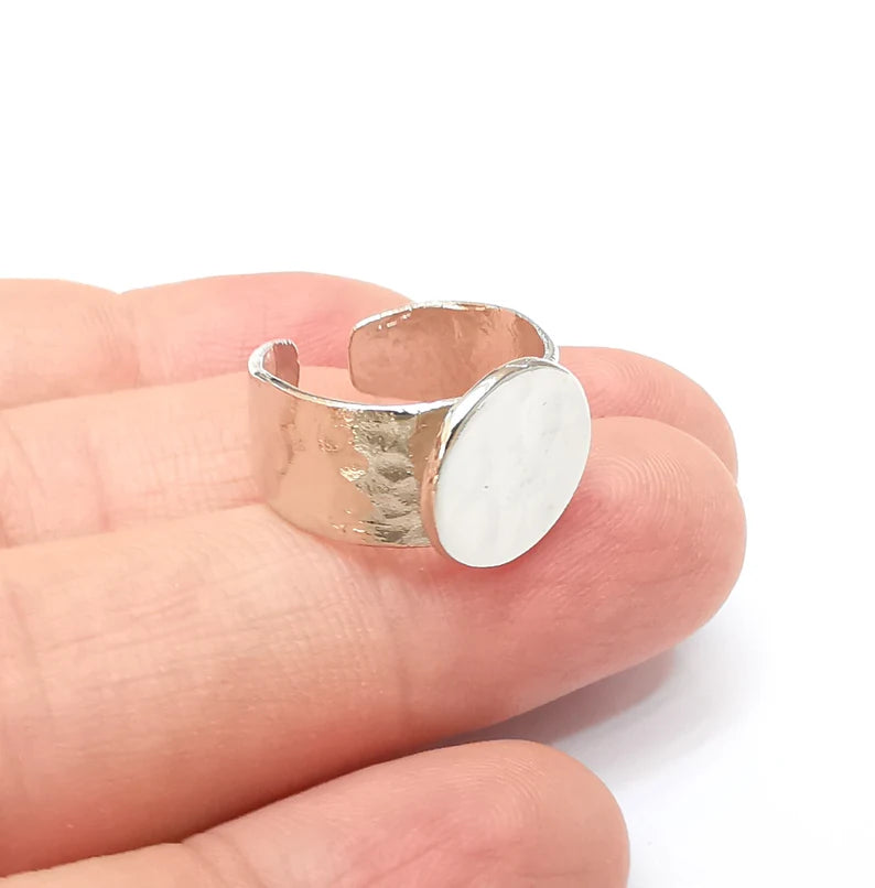 Shiny Silver Round Ring Setting, Cabochon Blank, Resin Bezel, Ring Mounting, Ring Base, Adjustable Rhodium Plated Brass 14mm G35809