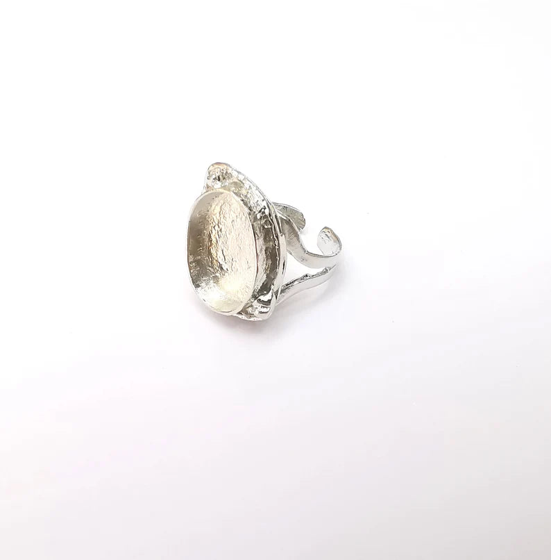 Shiny Silver Ring Setting, Cabochon Blank, Resin Bezel, Ring Mounting, Epoxy Frame Base, Adjustable Rhodium Plated Brass 18x13mm G35812