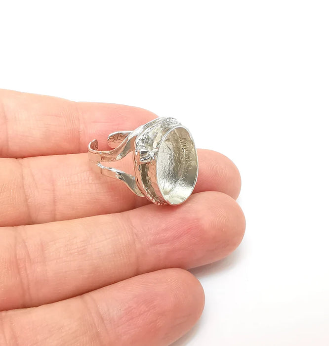 Shiny Silver Ring Setting, Cabochon Blank, Resin Bezel, Ring Mounting, Epoxy Frame Base, Adjustable Rhodium Plated Brass 18x13mm G35812