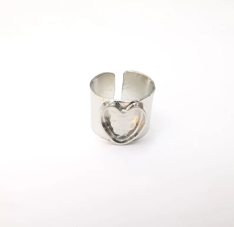 Shiny Silver Heart Ring Setting, Cabochon Blank, Resin Bezel, Ring Mounting, Epoxy Frame Base, Adjustable Rhodium Plated Brass 10mm G35814