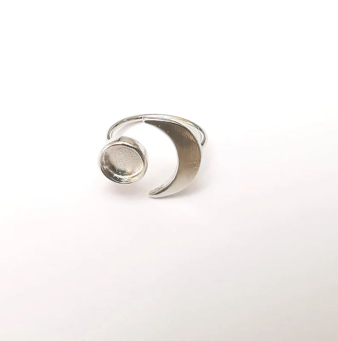 Shiny Silver Crescent Ring Setting, Cabochon Blank, Resin Bezel, Ring Mounting, Epoxy Frame Base, Adjustable Rhodium Plated Brass 8mm G35815