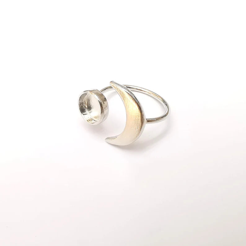 Shiny Silver Crescent Ring Setting, Cabochon Blank, Resin Bezel, Ring Mounting, Epoxy Frame Base, Adjustable Rhodium Plated Brass 8mm G35815