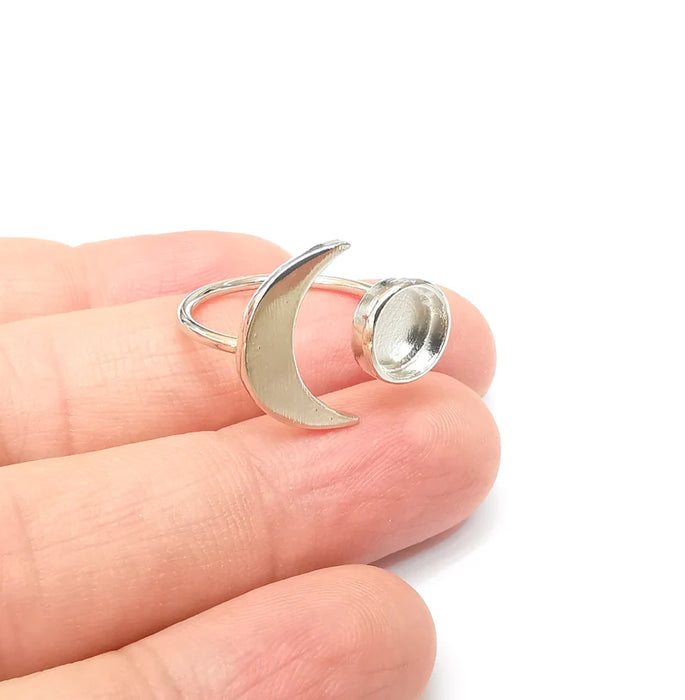 Shiny Silver Crescent Ring Setting, Cabochon Blank, Resin Bezel, Ring Mounting, Epoxy Frame Base, Adjustable Rhodium Plated Brass 8mm G35815