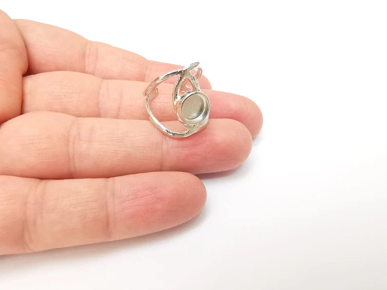 Shiny Silver Round Ring Setting, Cabochon Blank, Resin Bezel, Ring Mounting, Epoxy Frame Base, Adjustable Rhodium Plated Brass 8mm G36220