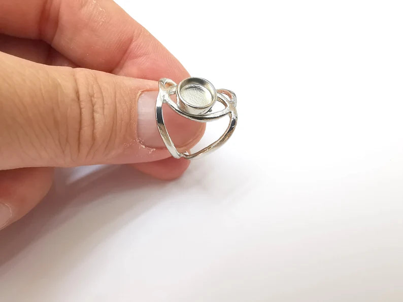 Shiny Silver Round Ring Setting, Cabochon Blank, Resin Bezel, Ring Mounting, Epoxy Frame Base, Adjustable Rhodium Plated Brass 8mm G36220