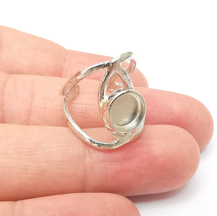 Shiny Silver Round Ring Setting, Cabochon Blank, Resin Bezel, Ring Mounting, Epoxy Frame Base, Adjustable Rhodium Plated Brass 8mm G36220