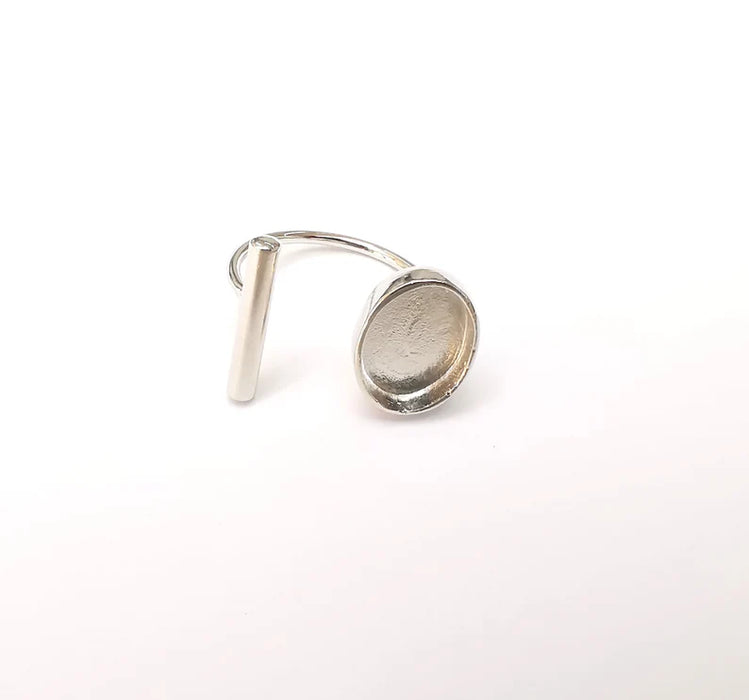 Shiny Silver Rod Ring Setting, Cabochon Blank, Resin Bezel Mounting, Epoxy Frame Base, Adjustable Rhodium Plated Brass 13x10mm G35821