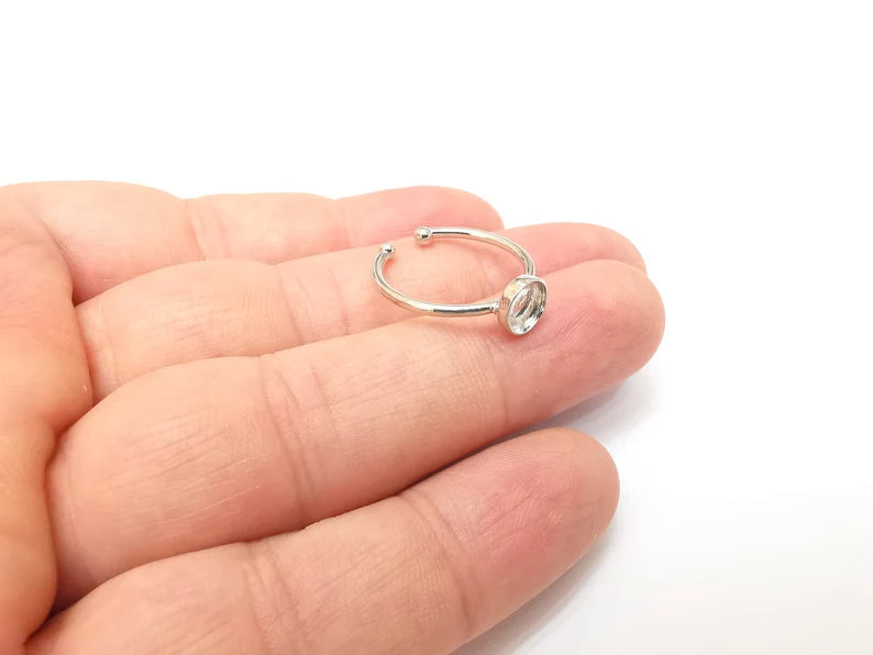 Shiny Silver Round Ring Setting, Cabochon Blank, Resin Bezel, Ring Mounting, Epoxy Frame Base, Adjustable Rhodium Plated Brass 6mm G35823
