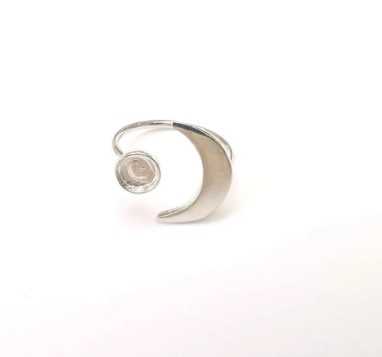 Shiny Silver Crescent Ring Setting, Cabochon Blank, Resin Bezel Mounting, Epoxy Frame Base, Adjustable Rhodium Plated Brass 6mm G36004