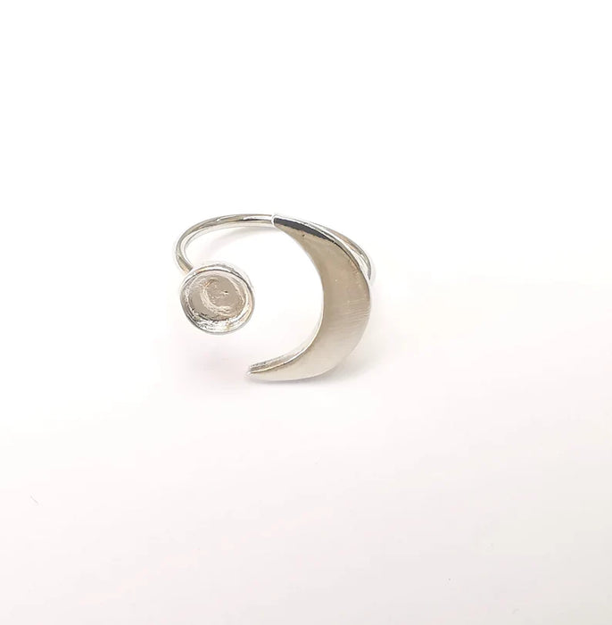 Shiny Silver Crescent Ring Setting, Cabochon Blank, Resin Bezel Mounting, Epoxy Frame Base, Adjustable Rhodium Plated Brass 6mm G36004