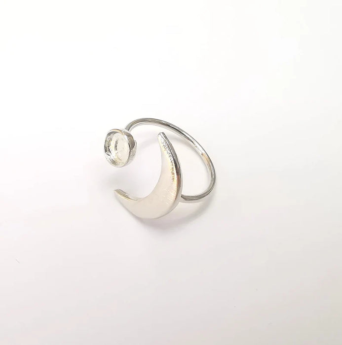 Shiny Silver Crescent Ring Setting, Cabochon Blank, Resin Bezel Mounting, Epoxy Frame Base, Adjustable Rhodium Plated Brass 6mm G36004