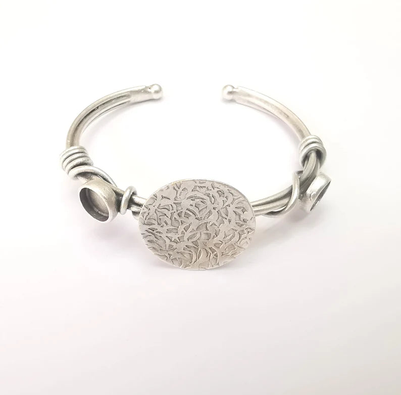 Wire Wrapped Bracelet Bezel, Wrap Cuff Resin Blank, Wristband Base, Cabochon Mountings, Adjustable Antique Silver Plated Brass (8mm) G36008