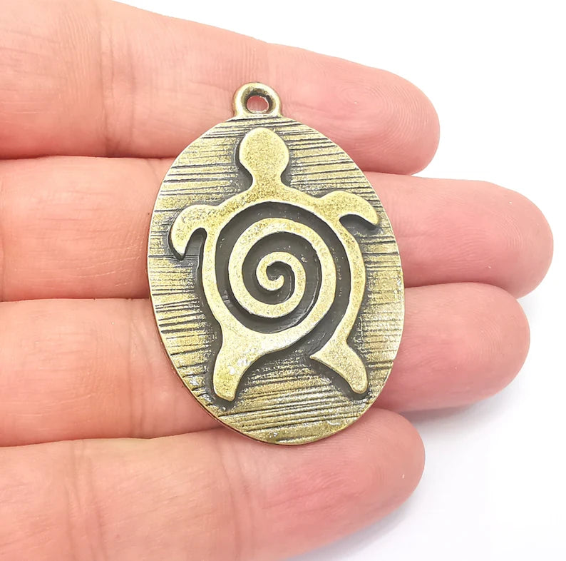Bronze Sea Turtle Pendant, Oval Pendant, Medallion Pendant, Bronze Locket Pendant, Necklace Parts, Antique Bronze Plated 48x33mm G36013