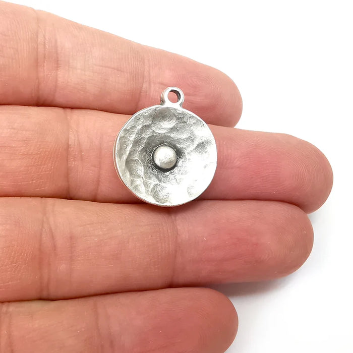 2 Silver Hammered Disc Charms, Jewelry Parts, Silver Bracelet Component, Antique Silver Finding, Antique Silver Plated Metal (25x21mm) G36015