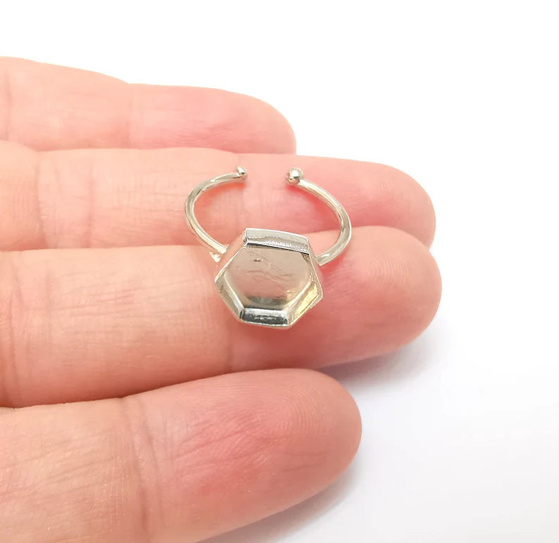 Shiny Silver Hexagon Ring Setting, Cabochon Blank, Resin Bezel, Ring Mounting, Epoxy Frame Base, Adjustable Rhodium Plated Brass 10mm G35824