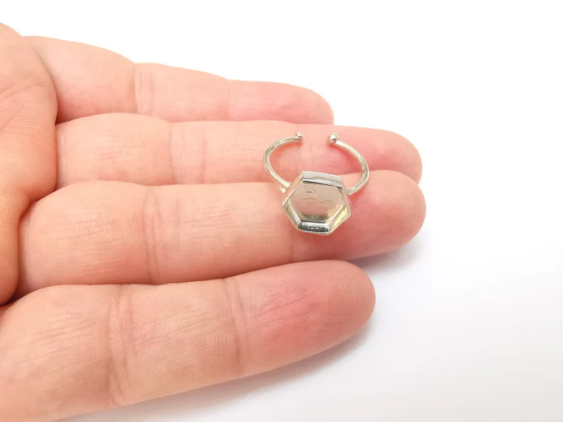 Shiny Silver Hexagon Ring Setting, Cabochon Blank, Resin Bezel, Ring Mounting, Epoxy Frame Base, Adjustable Rhodium Plated Brass 10mm G35824