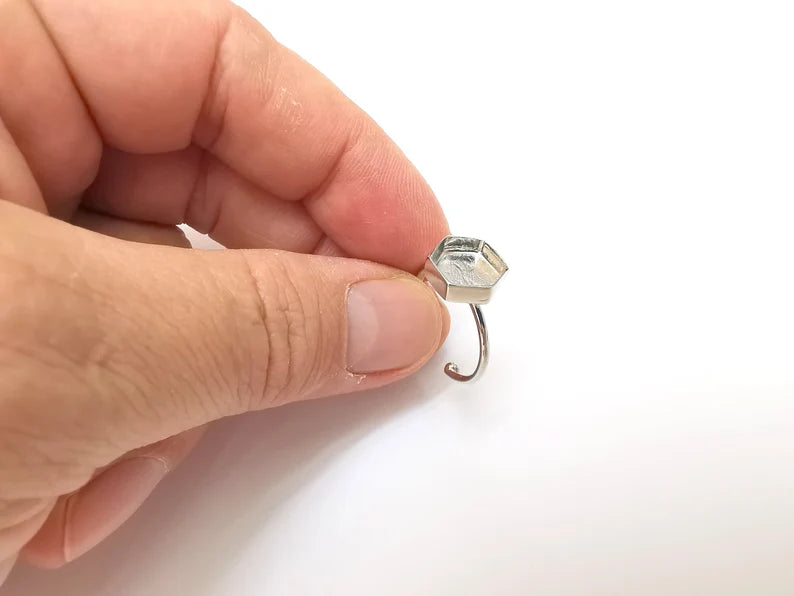 Shiny Silver Hexagon Ring Setting, Cabochon Blank, Resin Bezel, Ring Mounting, Epoxy Frame Base, Adjustable Rhodium Plated Brass 10mm G35824