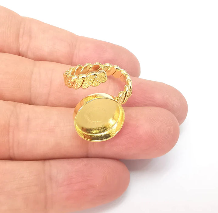 Twisted Ring Setting, Cabochon Blank, Resin Bezel, Ring Mounting, Epoxy Frame Base, Adjustable Shiny Gold Plated Brass 14mm G36022