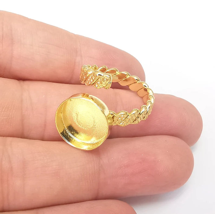 Twisted Ring Setting, Cabochon Blank, Resin Bezel, Ring Mounting, Epoxy Frame Base, Adjustable Shiny Gold Plated Brass 14mm G36022