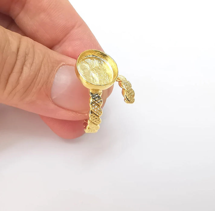 Twisted Ring Setting, Cabochon Blank, Resin Bezel, Ring Mounting, Epoxy Frame Base, Adjustable Shiny Gold Plated Brass 10mm G36018