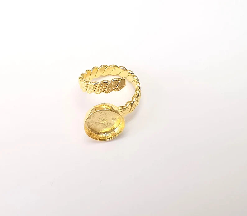 Twisted Ring Setting, Cabochon Blank, Resin Bezel, Ring Mounting, Epoxy Frame Base, Adjustable Shiny Gold Plated Brass 10mm G36018