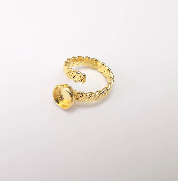 Twisted Ring Setting, Cabochon Blank, Resin Bezel, Ring Mounting, Epoxy Frame Base, Adjustable Shiny Gold Plated Brass 8mm G36027