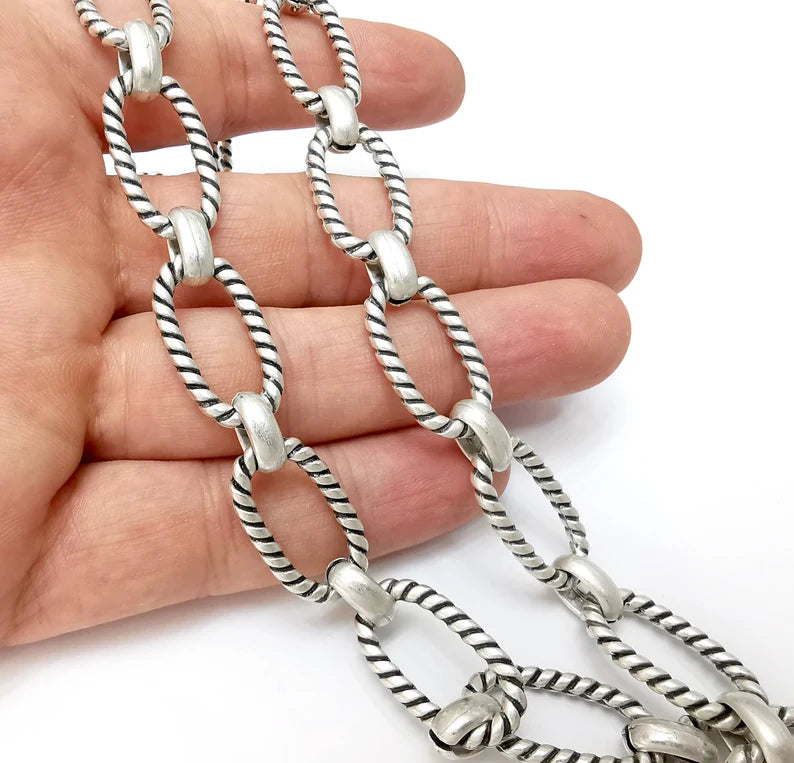 Antique Silver Twisted Oval Cable Chain (25x14mm), 1 Meter - 3.3 Feet Antique Silver Plated Chain G36031