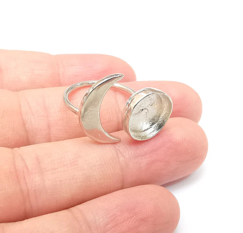 Shiny Silver Crescent Ring Setting, Cabochon Blank, Resin Bezel Mounting, Epoxy Frame Base, Adjustable Rhodium Plated Brass 12mm G35837