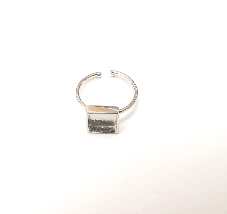 Shiny Silver Square Ring Setting, Cabochon Blank, Resin Bezel, Ring Mounting, Epoxy Frame Base, Adjustable Rhodium Plated Brass 8mm G35840