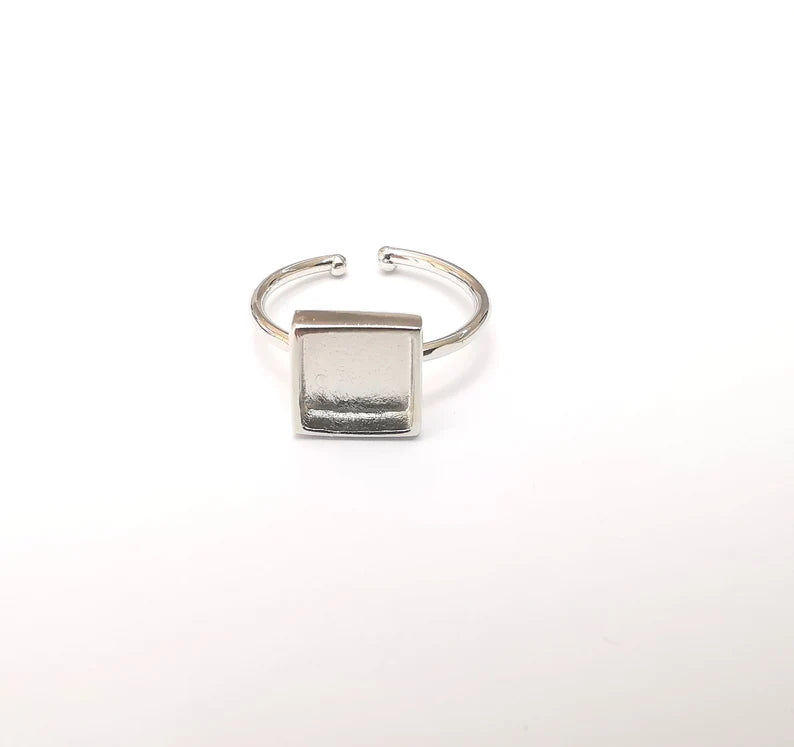 Shiny Silver Square Ring Setting, Cabochon Blank, Resin Bezel, Ring Mounting, Epoxy Frame Base, Adjustable Rhodium Plated Brass 8mm G35840