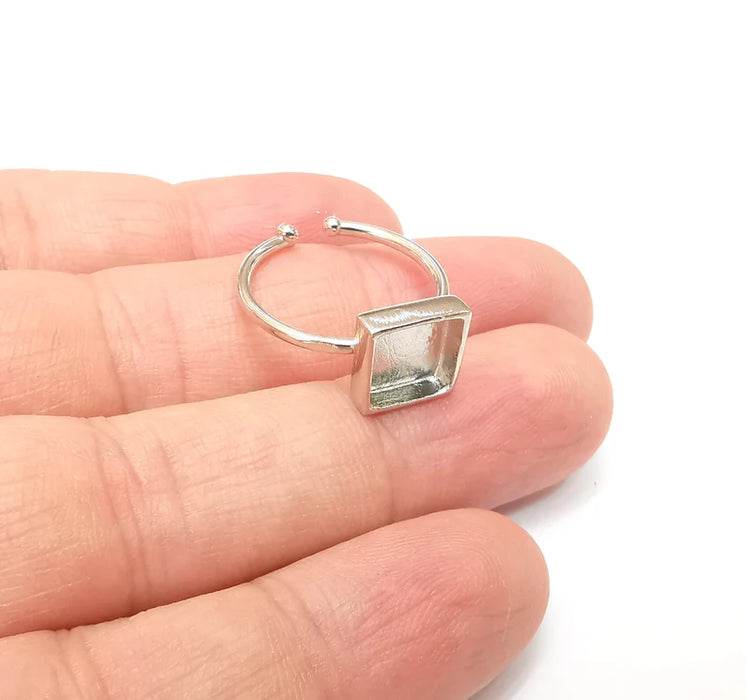 Shiny Silver Square Ring Setting, Cabochon Blank, Resin Bezel, Ring Mounting, Epoxy Frame Base, Adjustable Rhodium Plated Brass 8mm G35840