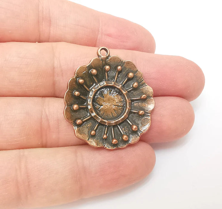 Copper Dangle Charms, Flower Ethnic Charms, Jewelry Parts, Bracelet Component, Antique Copper Plated Metal Charms (35x31mm) G35851