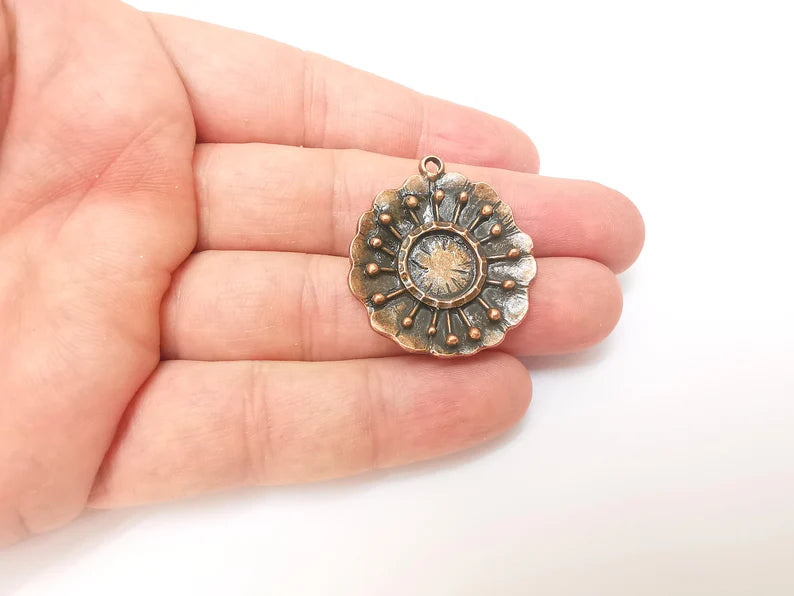 Copper Dangle Charms, Flower Ethnic Charms, Jewelry Parts, Bracelet Component, Antique Copper Plated Metal Charms (35x31mm) G35851