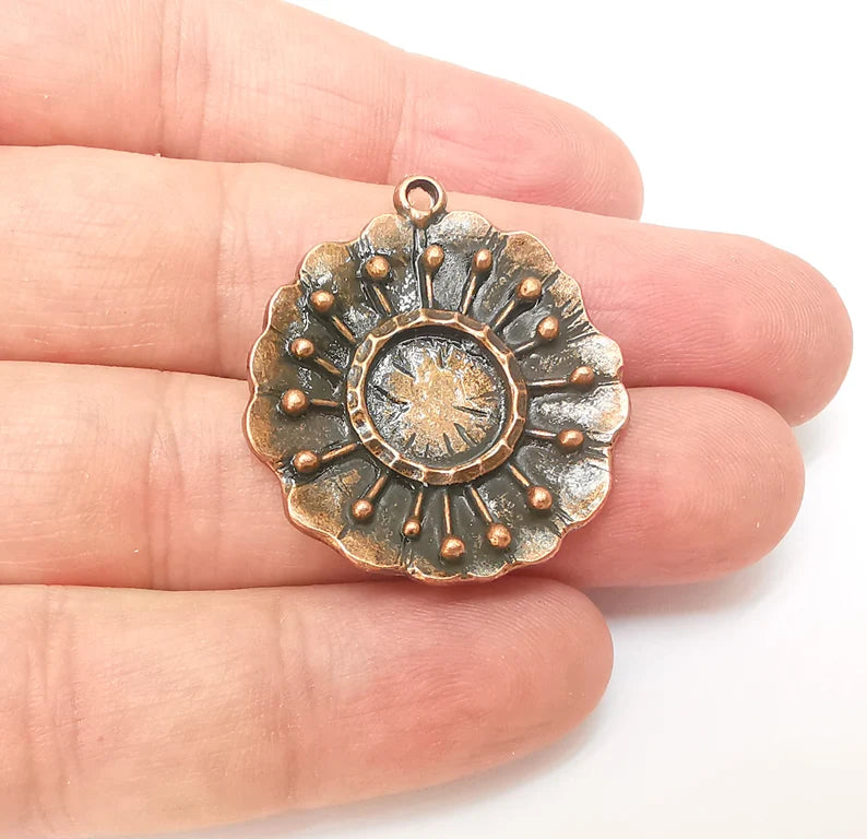 Copper Dangle Charms, Flower Ethnic Charms, Jewelry Parts, Bracelet Component, Antique Copper Plated Metal Charms (35x31mm) G35851