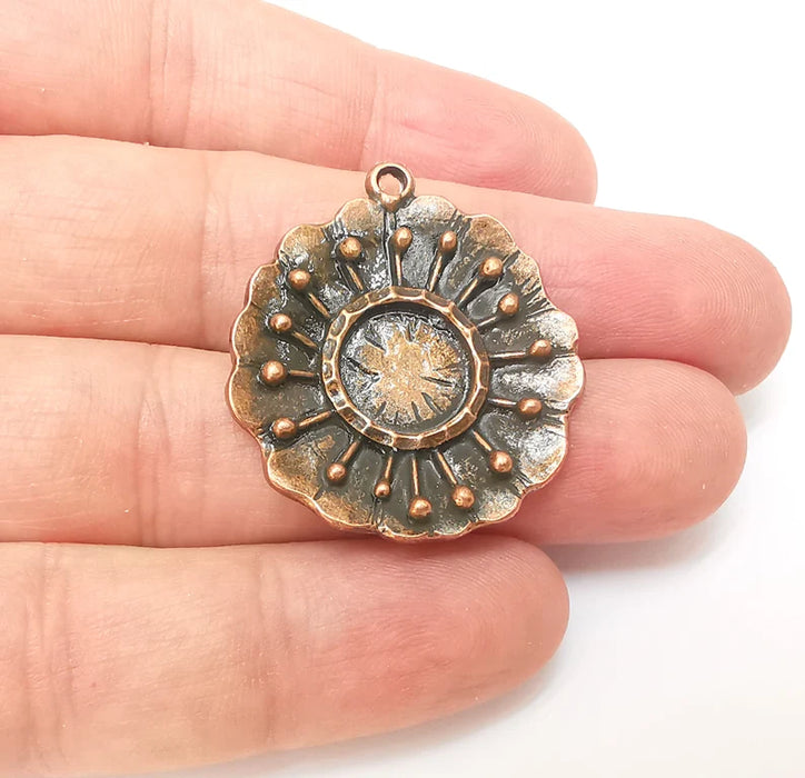 Copper Dangle Charms, Flower Ethnic Charms, Jewelry Parts, Bracelet Component, Antique Copper Plated Metal Charms (35x31mm) G35851