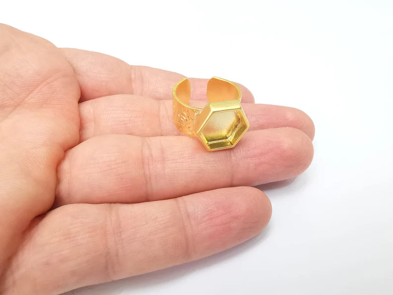 Gold Ring Hexagon Blank Setting, Cabochon Blank, Resin Bezel, Ring Mounting, Epoxy Frame Base, Adjustable Gold Plated 12mm G35856