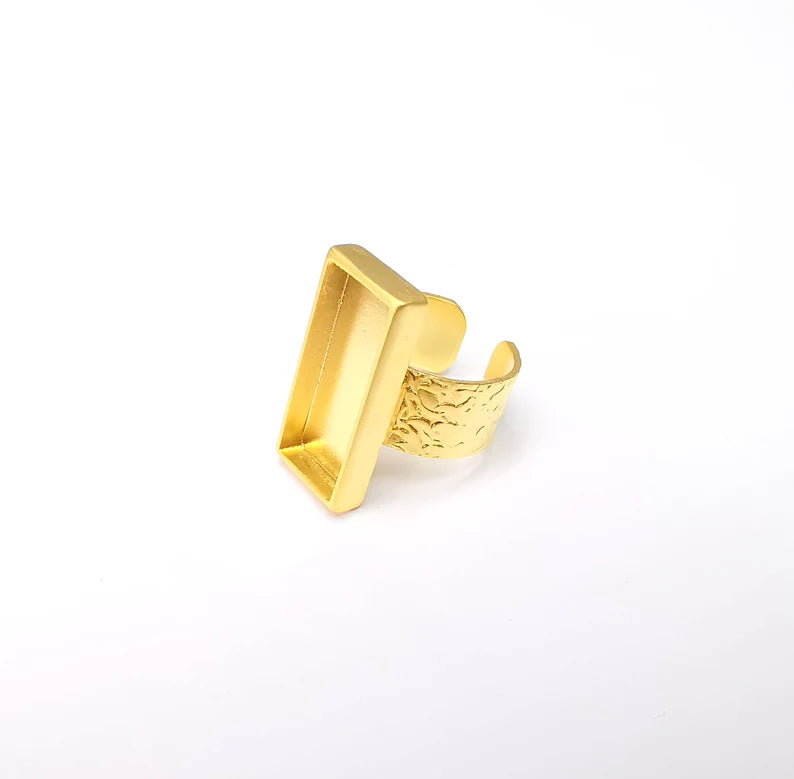 Gold Ring Rectangle Blank Setting, Cabochon Blank, Resin Bezel, Ring Mounting, Epoxy Frame Base, Adjustable Gold Plated 25x10mm G35857