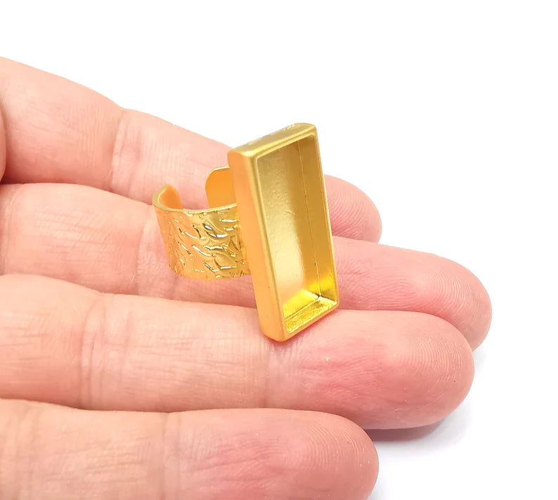 Gold Ring Rectangle Blank Setting, Cabochon Blank, Resin Bezel, Ring Mounting, Epoxy Frame Base, Adjustable Gold Plated 25x10mm G35857